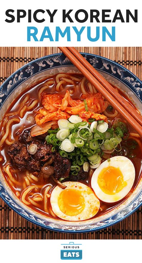 "Traditional" Korean ramyun is an easy, Korean-flavored version of Japanese instant ramen. Our reverse-engineered version uses a homemade broth made with dashi, short ribs or oxtail, aromatics, gochujang, and kimchi. The Chinese chili and bean paste doubanjiang rounds out the flavors. #traditionalkoreanfood Korean Noodles In Broth, Homemade Shin Ramen, Korean Style Ramen, Ramen With Gochujang, Gochujang Noodle Soup, Gochujang Soup Recipe, Ramen Gochujang, Korean Broth, Oxtail Ramen