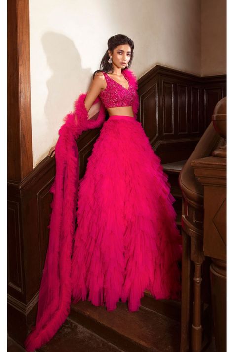 Hot Pink Cute Outfits, Ruffle Gown Indian, Dark Pink Dress Indian, Hot Pink Indian Dress, Ruffle Dupatta Lehenga, Bollywood Style Lehenga With Ruffles, Festive Ruffled Lehenga For Wedding, Ruffle Lehenga Designs, Festive Pink Lehenga With Ruffles