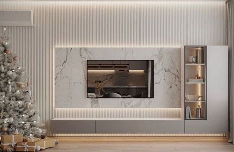 Marble Finish Tv Unit, Tile Behind Tv Wall, White Marble Tv Wall, Tv Wall Design White, White Tv Wall Design, Marble Tv Unit Living Rooms, Tv Wall Tiles Design, White Marble Tv Unit, Tv Unit Marble Design