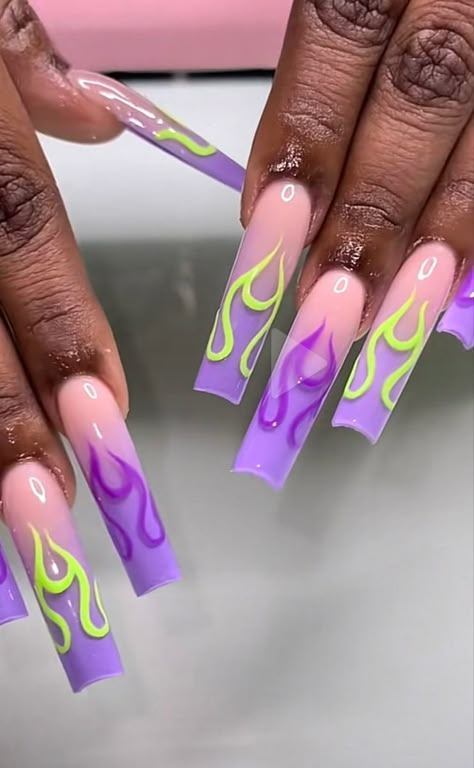 Purple And Lime Green Nail Designs, Purple And Neon Nails, Purple With Green Nails, Neon Green Acrylic Nails Art Designs, Neon Green Long Acrylic Nails, Green And Purple Acrylic Nails, Neon Purple And Green Nails, Ombre Flame Nails, Unique Purple Nails