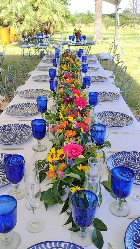 Clase Azul Party Decor, Casa Azul Tequila Theme Party, Blue And White Mexican Party, Talavera Wedding Centerpiece, Mexican Dinner Party Tablescape, Mexican Colorful Wedding, Blue And White Talavera Wedding, Mexican Talavera Party, Blue And White Mexican Wedding