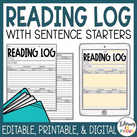 Reading Log Template, Reading Comprehension Graphic Organizers, Comprehension Graphic Organizers, Reciprocal Teaching, Reading Homework, Reading Log Printable, Silent Reading, Reading Stations, Sentence Starters