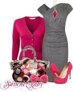 Grey dress with fuchsia sweater and accents Dress Polyvore, Professional Attire, Grey Dress, Floral Scarf, Pink Shoes, Komplette Outfits, Work Attire, Mode Inspiration, Business Outfits