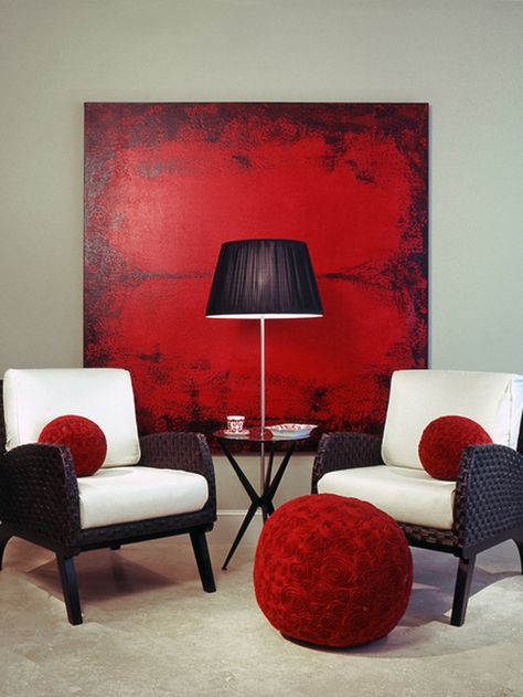 Bold red accents from designer Shelly Riehl David Red Living Room Decor, Red Interior Design, Red Wall Decor, Red Living, Red Painting, Living Room Red, Red Wall, Red Decor, Red Rooms