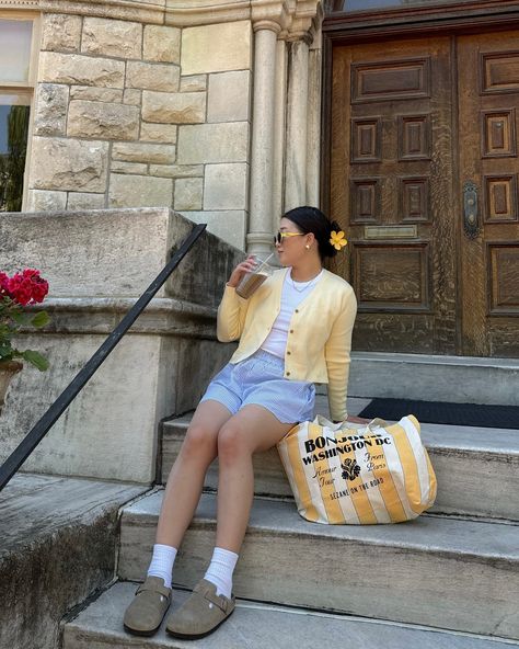 Your sign to add more butter yellow to your summer outfits 💛 . . . . . . . . butter yellow cardigan. butter yellow outfits. summer outfits. summer fashion. summer outfit ideas. striped shorts. birkenstocks. linen shorts. minimal style. flower hair clips. ootd. fashion inspo. just girly things. pinterest aesthetic. pinterest outfits. #yellowoutfit #summerfashion #summeroutfits Yellow Aesthetic Outfit, Yellow Outfits, Aesthetic Photoshoot, Euro Summer, Yellow Cardigan, Summer Outfit Ideas, Yellow Outfit, Butter Yellow, Pinterest Aesthetic