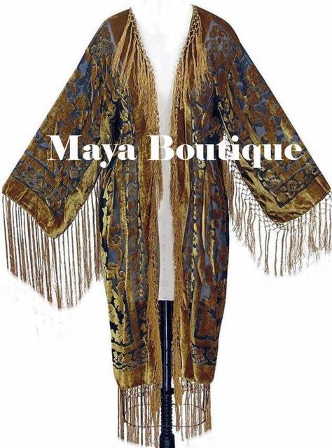 Maya Matazaro Antique Gold & Black Burnout Velvet Fringes | Etsy Velvet Fringe, Knotted Fringe, Bohemian Jackets, Kimono Coat, Fringe Fashion, Black Inspiration, Burnout Velvet, Velvet Coat, Long Fringe