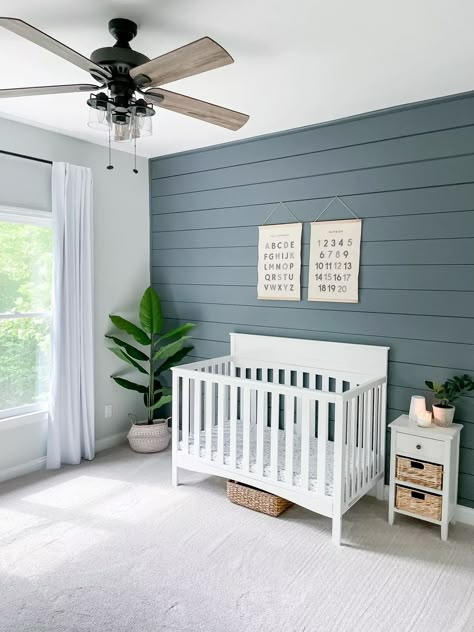 Boy Room Accent Wall, Shiplap Nursery, Wall Facebook, Toddler Boy Room, Boy Nursery Colors, Blue Nursery Boy, Nursery Accent Wall, Blue Accent Walls, Nursery Room Design