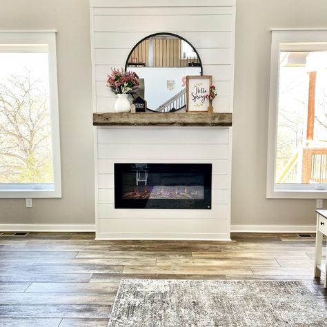 Fireplaces With Shiplap, Fireplace With Shiplap, Brick And Shiplap, Diy Shiplap Fireplace, Fireplace Gallery, Farmhouse Shiplap, Tall Fireplace, Gorgeous Farmhouse, Wood Mantle