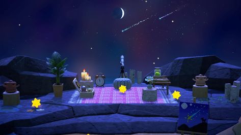 Star Gazing Area Acnh, Acnh Beach Rocks Ideas, Star Gazing Animal Crossing, Star Gazing Area Animal Crossing, Stargazing Area Animal Crossing, Acnh Telescope Area, Animal Crossing Rock Area, Animal Crossing Telescope Area, Acnh Astronomy Area