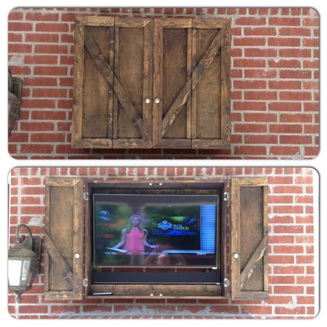 Our new custom outdoor TV cabinet! Large Tv Cabinet, Tv Cabinet Ideas, Patio Tv, Outdoor Tv Enclosure, Outdoor Tv Cabinet, Tv Enclosure, Outdoor Tv Covers, Tv Mounted, Tv Wall Cabinets