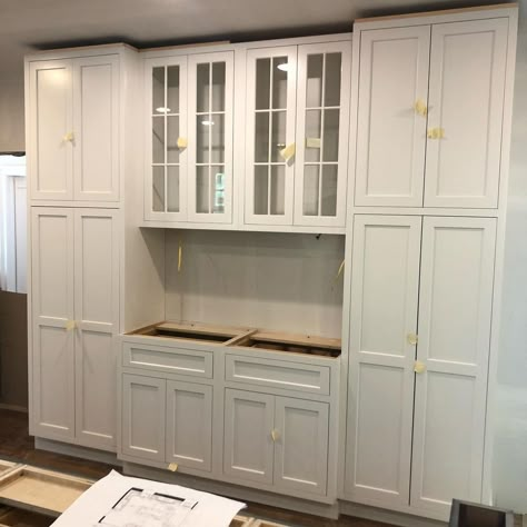 Glenbrook Cabinetry | Pantry storage doesn’t have to be boring, people! Here we combined your “traditional” tall pantry cabinets with glass uppers [+ mullion] as… | Instagram Closed Pantry Cabinets, Glass Wall Cabinets Kitchen, Kitchen Wall Pantry Cabinets, Pantry Built In Cabinets, Pantry Wall Cabinets, Pantry Cabinets In Kitchen, Built In Coffee Bar Ideas Kitchen, Cabinets Floor To Ceiling, Pantry Cabinet Wall