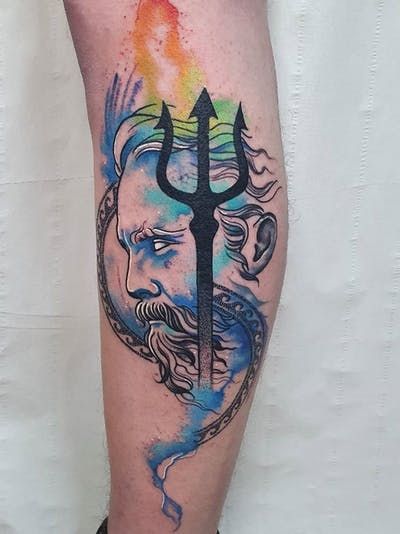 Tattoo uploaded by Jennifer R Donnelly | Trident tattoo by Lyndon Minor Tattoo #LyndonMinorTattoo #LyndonMinor #tridenttattoo #trident #watercolor #illustrative #portrait #neptune | 1320566 | Tattoodo Posiden Tattoo Design, Trident Arm Tattoo, Aquaman Tattoo Ideas, Trident Tattoo Back, Poseidon And Trident Tattoo, Posiden Tattoo Trident, Poseidon With Trident Tattoo, Neptune Tattoo, Poseidon’s Trident Tattoo