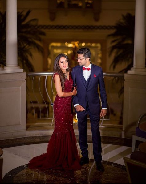 Tuxedo And Saree Couple, Maroon Engagement Dress, Reception Pics, Shaadi Vibes, Engagement Couple Dress, Indian Reception Outfit, Cherry Birthday, Indian Wedding Reception Outfits, Reception Couple