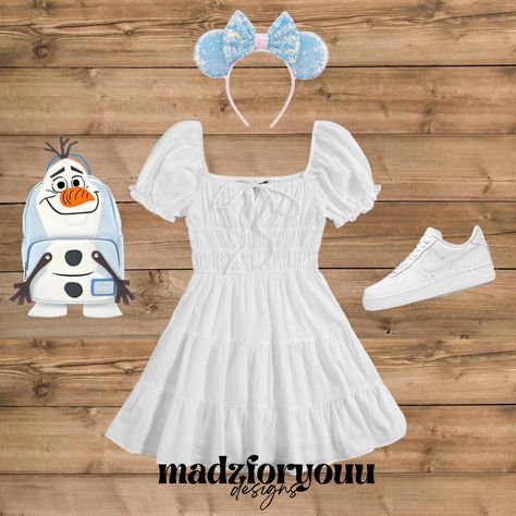 Shein dress, Olaf Loungefly backpack, Frozen Disney outfits, air force ones Olaf Inspired Outfits, Frozen Disney Bounding, Olaf Disneybound, Frozen Disney Outfits, Olaf Outfit, Dopamine Boost, Disney 2025, Frozen Outfits, Princess Inspired Outfits