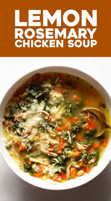 Chicken Rosemary Soup, Lemon Chicken Stew, Rosemary Dinner Recipes, Lemon Rosemary Chicken Soup, Kale Chicken Soup, Winter Soup Recipes Healthy, Soup With Chicken Broth, Chicken And Kale Soup, Rosemary Soup