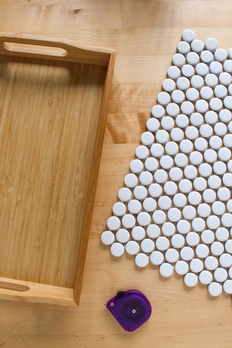 How to Tile a Serving Tray (DIY IKEA Fruktskal Hack) — Entertain the Idea Serving Tray Craft Ideas, Diy Tile Tray, Tile Tray Diy, Diy Serving Tray Ideas, Serving Tray Diy, Diy Serving Tray, How To Tile, Penny Tile, Diy Desserts