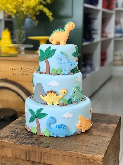 First Birthday Cake Dinosaur, Dinosaur Cake First Birthday, Baby Boy Dinosaur Birthday Party, 1st Birthday Cake Dinosaur, Dino Themed Cake, Baby Boy 1st Birthday Dinosaur Theme, Dinosaur 2nd Birthday Cake, Dino Birthday Cake Boys, 2 Tier Dinosaur Cake