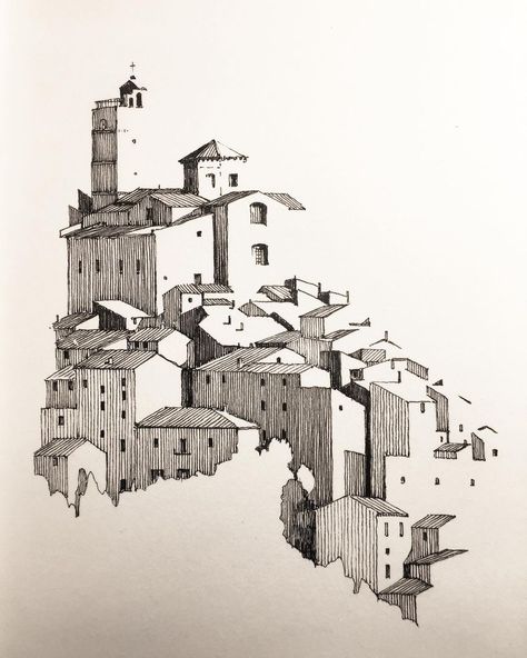 Architecture in pen & ink on Instagram: “Castel del Monte in Abruzzo- I think I’ll never run out of these medieval hilltop towns to draw. __ #architectureinpenandink #architecture…” Town Drawing, Cityscape Drawing, Sketch Architecture, Oil Pastel Drawings Easy, Wall Painting Techniques, Building Sketch, Urban Sketch, Architecture Sketchbook, Jr Art