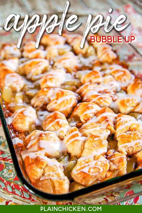 Apple Pie Bubble Up- a sweet version of our favorite bubble up recipes! Made with apple pie filling, Pillsbury biscuits and butterscotch chips. Great holiday dessert! #biscuits #apple #applepie #dessert Desserts With Pillsbury Biscuits, Apple Pie Bubble Up Bake, Canned Apple Recipes Desserts, Apple Pie Bubble Up, Apple Pie With Biscuits, Pillsbury Pie Dough Recipes, Canned Biscuits And Apple Pie Filling, Dessert Made With Biscuits, Recipes With Grands Biscuits