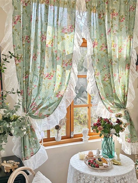 1pc Rustic Style Floral Printed Linen Curtain With Ruffles Green Short Cafe Curtain For Kitchen Bathroom Rod Pocket Top Green    Polyester     Home Decor, size features are:Bust: ,Length: ,Sleeve Length: English Country Decor Cottage, Curtain For Window, Flat Window, Romantic Curtains, Floral Room, Vintage Curtains, Green Curtains, Linen Bedroom, Curtains Home