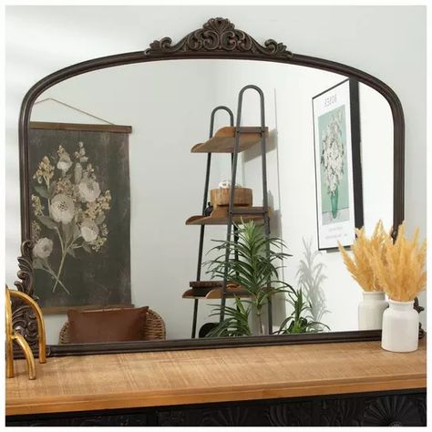 Wood Mirrors In Dining Room, Wall Mirror Above Buffet, Above Dresser Wall Mirror, Mirror Over Buffet Dining Room Rustic, French Country Mirror Behind A Buffet, Mirror Above Chest, Modern Farmhouse Mirror Kitchen, Over Mantel Mirror Dining Room, Scandi Fireplace Mirror