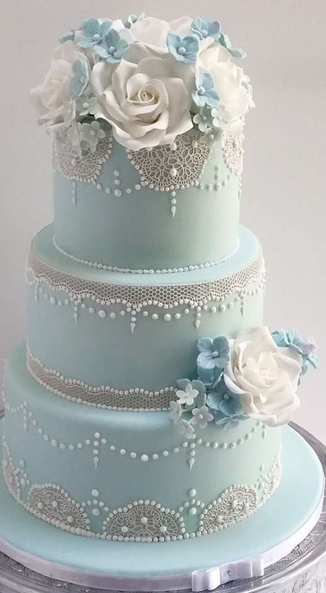 this lace style with maybe a different blue and not tiered  Pale blue Lace wedding cake Beautiful Wedding Cakes Elegant Simple, Wedding Cake Painting, Vintage Pasta, Blue Wedding Cake, Creative Wedding Cakes, Lace Wedding Cake, Wedding Cakes Blue, Blue Cakes, Wedding Cakes Vintage