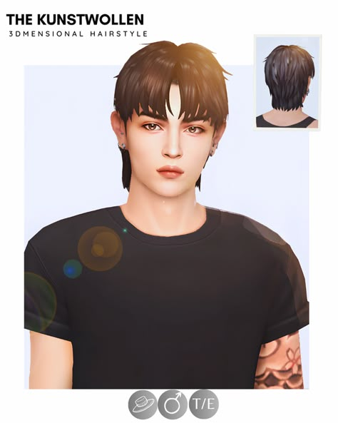 3Dimensional hairstyle | Patreon Mullet Sims 4 Cc Male, The Kunstwollen, Masc Hair, Sims Hairstyles, Sims Dress, Brown Hair Male, Ts4 Hair, Sims 4 Hair Male, Cc Sims4