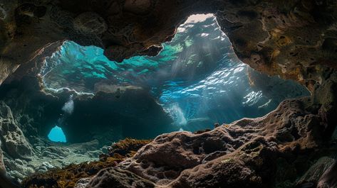 Enigmatic Cave Waters: A captivating view inside a mysterious underwater cave, revealing serene blue waters and intriguing rock formations. #cave #underwater #serene #blue #waters #aiart #aiphoto #stockcake ⬇️ Download and 📝 Prompt 👉 https://ayr.app/l/iiD5 Cave Underwater, Underwater Rocks, Underwater Caves, Water Images, Sea House, Rock Formations, Underwater World, Blue Water, Short Stories