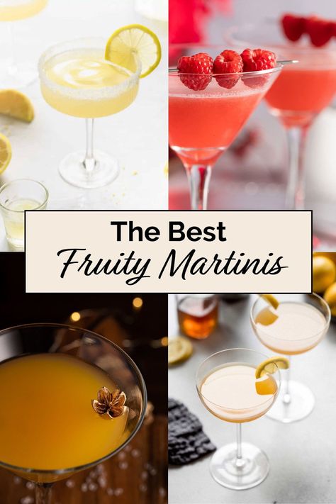 This list of sweet, fruity martini recipes are the best types of martinis to make this summer. They are not as strong as regular martinis, but have so many creative flavors to experiment with. All these drinks are easy to make at home for one person or a whole group. Cute Martini Drinks, Martini Drinks Cocktail Recipes, Flavored Martinis, Light Martini Recipes, Martini Recipes Fruity, Fruity Martini Recipes Vodka, Easy Martini Recipes Vodka, Fruit Martini Recipe, Different Martinis