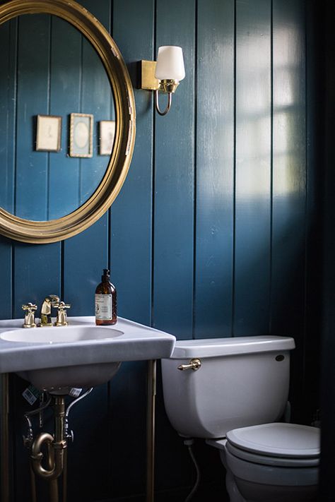 Why We Love Painted Vertical wood Paneling - Studio McGee Wood Wall Paneling Modern, Dark Blue Bathrooms, Painting Wood Paneling, Dark Blue Walls, Maine Cottage, Wood Walls, Dark Walls, Trendy Bathroom, Blue Bathroom