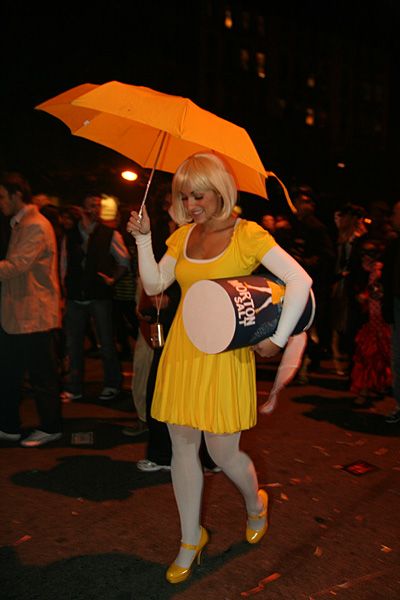 Morton Salt Costume, Sun Maid Raisin Costume, Yellow Halloween Costume For Costume Party, Yellow Costume Accessories For Halloween, Yellow Cosplay Costume For Halloween Costume Party, Salt Girl Costume, Morton Salt Girl Costume, Morton Salt Girl, Ladies Umbrella