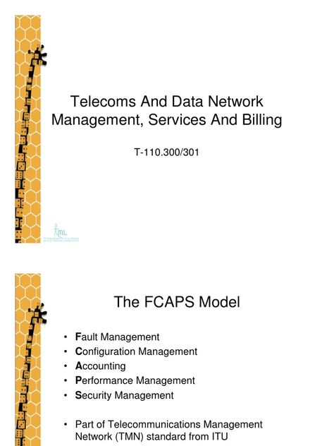 This document discusses telecom and data network management. It covers the FCAPS model of fault, configuration, accounting, performance and security management. Fault management involves detecting, isolating and repairing network issues. Configuration management deals with adding, removing and updating network equipment. Accounting collects usage data for monitoring and billing purposes. Performance management ensures sufficient network capacity. Security management controls access through ... Security Management, Performance Management, Data Network, Vip Card, Preventive Maintenance, Change Management, Computer Network, Presentation Slides, Document Sharing