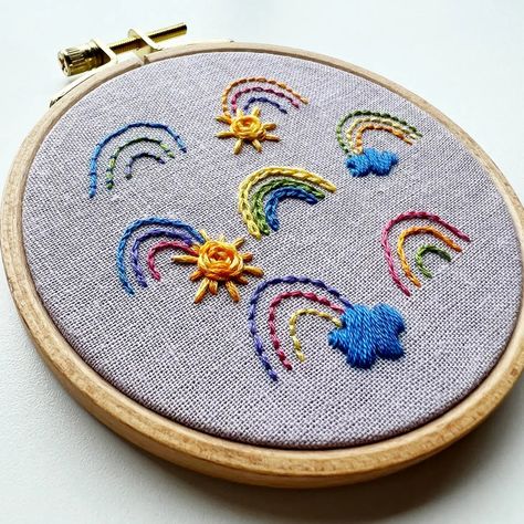 LEARN HAND EMBROIDERY RAINBOWS AND SUNSHINE - LEARN OR PRACTICE 7 EMBROIDERY STITCHES! Roseanna Diggs created this Happy Rainbows Pattern, Rainbows and Sunshine, to teach beginners how to embroider with a fun design. Just add scissors! Are you crafty? Can you follow instructions? Then you can do this! Every step of the pretty project is nicely explained in the printed instruction booklet. It includes many color photographs and stitch diagrams, as well as instructions. Also includes a QR code to Blundstone Embroidery, Doodle Embroidery, Rainbows And Sunshine, Learn To Embroider, Embroidered Rainbow, Rainbow Embroidery, Learning To Embroider, Basic Embroidery, Art And Craft Materials