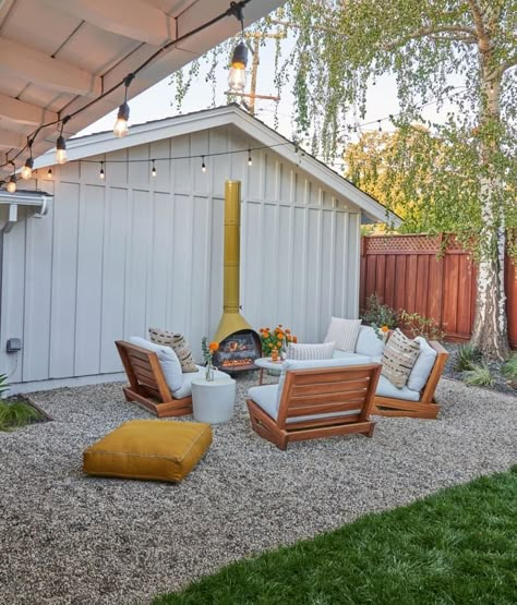 Garage Backyard Ideas, Garden Off Patio, Simple Backyard Upgrades, No Trees Backyard Ideas, Turn Driveway Into Patio, Cheap Landscaping For Large Yard, Landscape Ideas Large Yard, Large Backyard Patio Ideas, Small Pea Gravel Patio Ideas