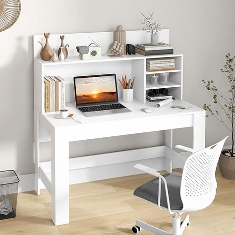 Amazon.com: Tangkula White Desk with Hutch, Home Office Desk with Bookshelf, Writing Study Desk with Anti-Toppling Device & Cable Hole, Modern Computer Workstation PC Laptop Desk for Small Space, Bedroom : Home & Kitchen White Desk With Hutch, Desk With Bookshelf, Modern Executive Desk, Desk With Hutch, Computer Desk With Hutch, Desks For Small Spaces, Small Space Bedroom, Pc Table, White Desk