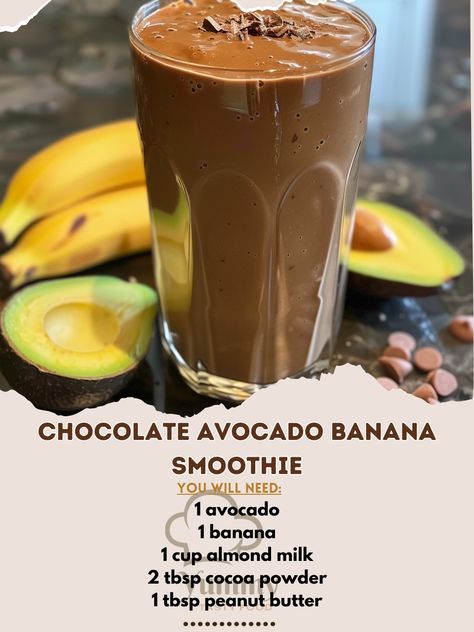 🍫🥑 A chocolatey twist on a healthy smoothie! #ChocoAvocadoSmoothie #CreamyDreamy 🍽️ Chocolate Avocado Banana Smoothie 🛒 Ingredients: 1 avocado 1 banana 1 cup almond milk 2 tbsp cocoa powder 1 tbsp peanut butter 1 tsp honey Ice 👩‍🍳 Instructions: Blend Ingredients: In a blender, add avocado, banana, almond milk, cocoa powder, peanut butter, honey, and ice. Blend & Serve: Blend until smooth. Pour into a glass and enjoy! ✨ Share the Choco Love: Chocolate Avocado Banana Smoothie is a creamy, d... Coffee Avocado Smoothie, Avocado Smoothie No Banana, Peanut Butter Avocado Smoothie, Cacao Banana Smoothie, Chocolate Avocado Smoothie No Banana, Avocado Banana Smoothie, Powder Peanut Butter, Smoothie Cleanse, Chocolate Avocado