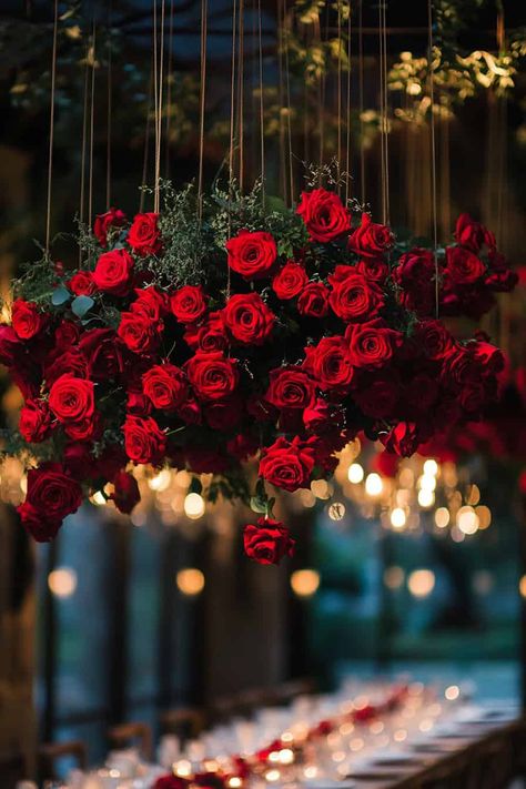 25 Stunning Ideas For A Red Rose Wedding Theme • Red Roses Wedding Ceremony, Wedding Red Roses Theme, Red Wedding Reception Decorations, Marry Me Decor Ideas, Dark Red Love Aesthetic, Red Roses Flower Arrangement, Valentine’s Day Theme Wedding, Black White And Red Party, Red Halloween Decor