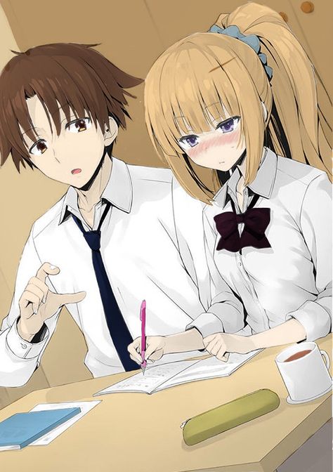 kiyotaka teaching Kei and Kei is so embarrassed   they look so  cute especially Kei  the illustration is from the classroom of the elite volume 2-1  I don't own the credits of the coloring, but I have to say that I liked it. #classroom_of_the_elite #kiyokei #karuizawa_kei #ayanokouji_kiyotaka Anime Classroom, Classroom Of The Elite, Karuizawa, Best Anime Drawings, Cute Couple Drawings, Fate Anime Series, Dragon Ball Artwork, Anime Couples Manga, Cool Anime Pictures