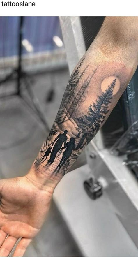 Nature Tattoos For Men, Mountain Sleeve Tattoo, Forest Tattoo Sleeve, Forest Forearm Tattoo, Natur Tattoo Arm, Outdoor Tattoo, Scenery Tattoo, Half Sleeve Tattoos Forearm, Most Beautiful Butterfly