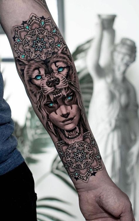 Mandala Lion Tattoo, Forearm Mandala Tattoo, Mandala Tattoo Men, Mandala Tattoos For Women, Mandala Tattoo Designs, Shin Tattoo, Geometric Mandala Tattoo, Wolf Tattoo Sleeve, Lion Head Tattoos