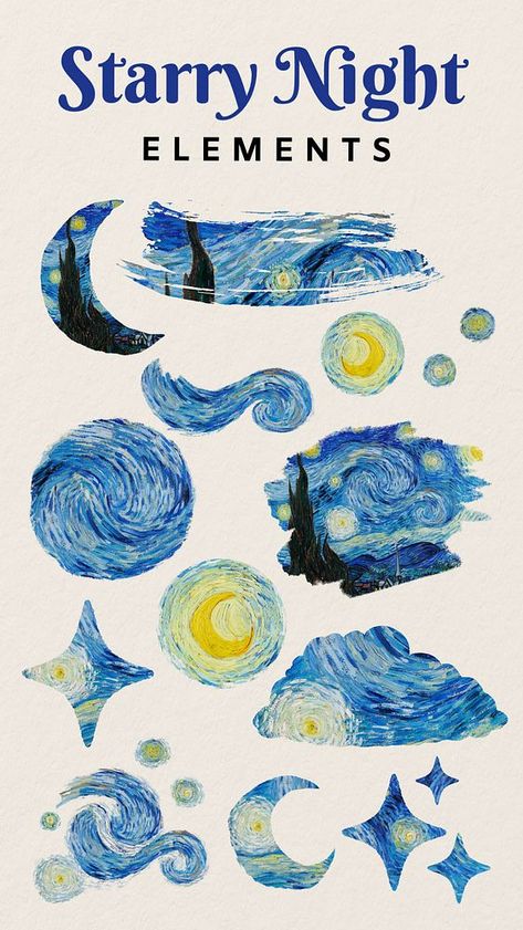 Vincent Aesthetic, Starry Night Picture, Van Gogh Wallpaper, Blue Scrapbook, Vintage Paper Printable, Scrapbook Elements, Collage Elements, Arte Van Gogh, Starry Nights