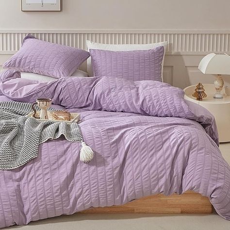 Amazon.com: WARMDERN Duvet Cover Set Queen Size, 3pcs Washed Microfiber Purple Bedding Set, Soft Breathable Striped Textured Seersucker Duvet Cover with Zipper Closure & Corner Ties(Purple, Queen) : Home & Kitchen Beige Duvet, Purple Duvet, Beige Duvet Covers, Purple Bedding Sets, Purple Duvet Cover, Purple Queen, Bedding Sets Grey, Purple Bedding, King Size Duvet Covers