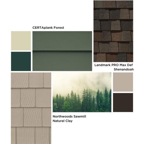 Check out this mood board with accents of green for the exterior of your house - featuring CERTAplank siding in Forest, Northwoods Sawmill siding in Natural Clay, and Landmark PRO Max Def Shenandoah Forest Green Siding, Neutral Home Exterior, Forest Green House Exterior, Exterior Mood Board, Green Siding House, Forest Green House, Green House Exterior, Green Siding, Exterior Siding Colors