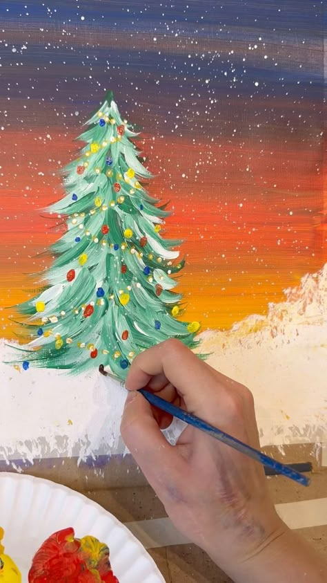 Easy Christmas tree painting | Someone asked for a Christmas themed painting 🎄…it’s finally time! Link in bio for my supplies lists. Here is how to paint an easy Christmas tree. You... | By Emily Seilhamer Art Xmas Flowers Ideas, Painting Christmas Trees On Wood, Step By Step Christmas Painting For Kids, Christmas Tree Ideas Painting, Christmas Tree Painting Tutorial, Christmas Tree Paintings On Canvas, Painted Christmas Trees On Wood, How To Paint Christmas Trees, Christmas Paintings On Canvas For Kids