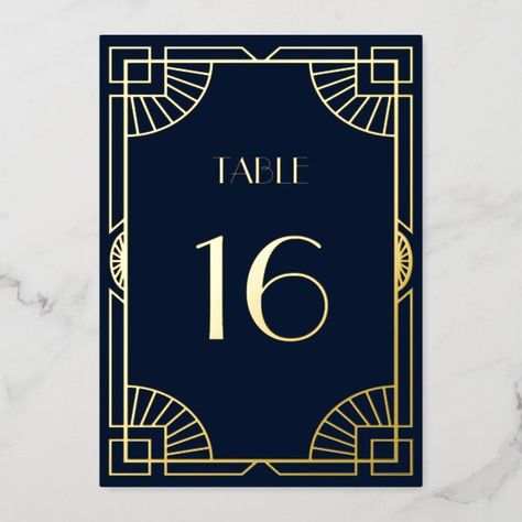 Vintage Art Deco Pattern Gold Wedding Table Number Blue Elegant Wedding, Gold Table Numbers Wedding, Art Deco Frame, Wedding Table Number Cards, Card Table Wedding, Deco Pattern, Foil Wedding Invitations, Wedding Table Number, Wedding Menu Cards