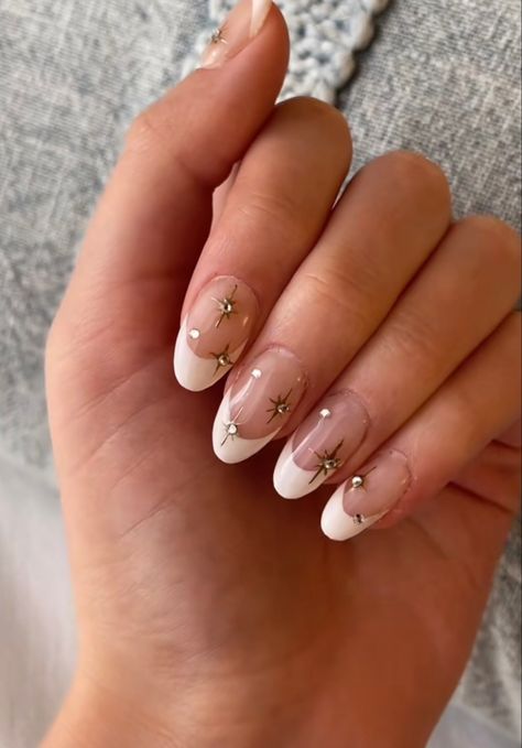 Blue Nails With Gold Stars, French Tip With Gold Stars, French Nails With Stars, French Tip With Stars, Gold Star Nails, French Tip With Gold, Belle Nails, Sun Nails, Sheer Nails