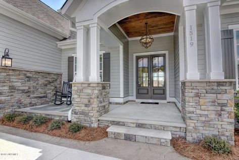 Exteriors by Mary Hannah Interiors - Transitional - Porch - Other - by Mary Hannah Interiors | Houzz Stone Porch Columns, Front Porch Stone Columns, Stone Porch, Exterior Entrance, Stone Porches, Stone Deck, Siding Ideas, Country Ranch, Vertical Siding