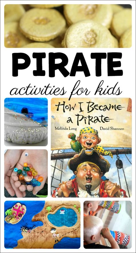 So many activities for a kindergarten or preschool pirate theme! I love that there are ideas for pretend play, snacks, literacy, art and crafts, and science. These will definitely be a part of my pirate lesson plans. #FunADay #PreschoolActivities #PirateTheme #SummerCamp #Preschoolers Mermaids Preschool, Pirate Lesson Plans, Pirate Theme Activities, Pirate Theme Preschool, Pirate Crafts Preschool, Pirates School Theme, Pirate Activities Preschool, After School Daycare, Preschool Pirates