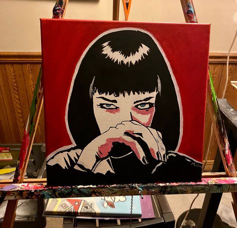 Pop Acrylic Painting, Paintings From Movies, Pulp Fiction Painting, Painting Pop Art, Pulp Fiction Drawing, Comic Painting, Movie Paintings Ideas, Pop Art Acrylic Painting, Cartoon Acrylic Painting