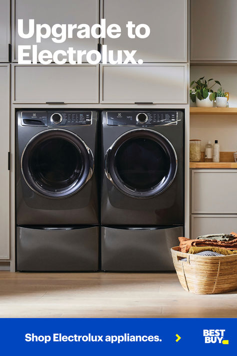 Ready for a major laundry upgrade? The stackable Electrolux front-load laundry pair can save you space and time, while getting your clothes cleaner than ever. The washer has a 15-minute fast wash cycle and SmartBoost technology, which targets tough stains. The dryer prevents both over and under drying so your clothes will come out perfectly fresh. Laundry Accessories, Washer Dryer Set, Laundry Routine, House Organisation, Leg Tattoos Women, Goth Home, Laundry Appliances, Goth Home Decor, Front Load Washer